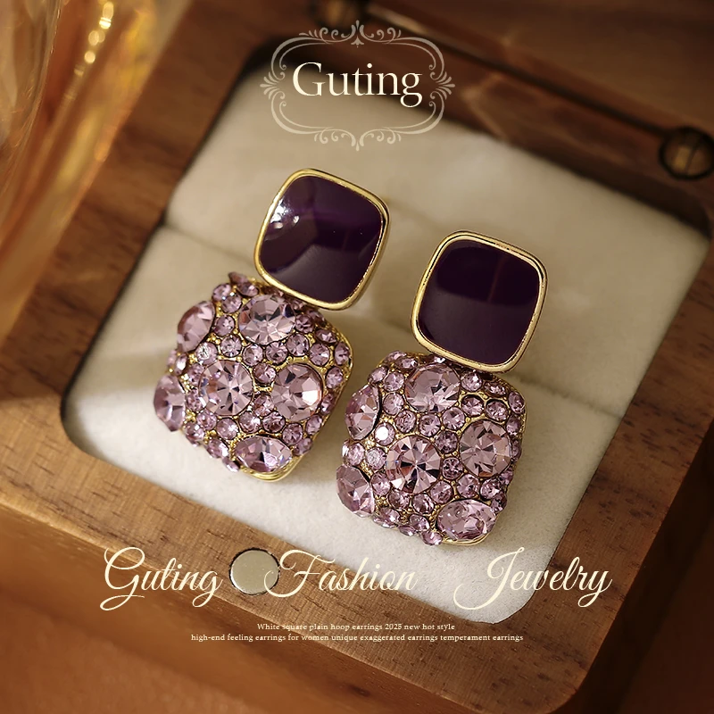 铜合金合成锆石耳饰 6416紫色耳环法式轻奢方形耳饰清新甜美耳坠