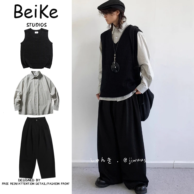 三件装/春秋日系复古针织背心毛衣男女生慵懒学院风休闲坎肩套装