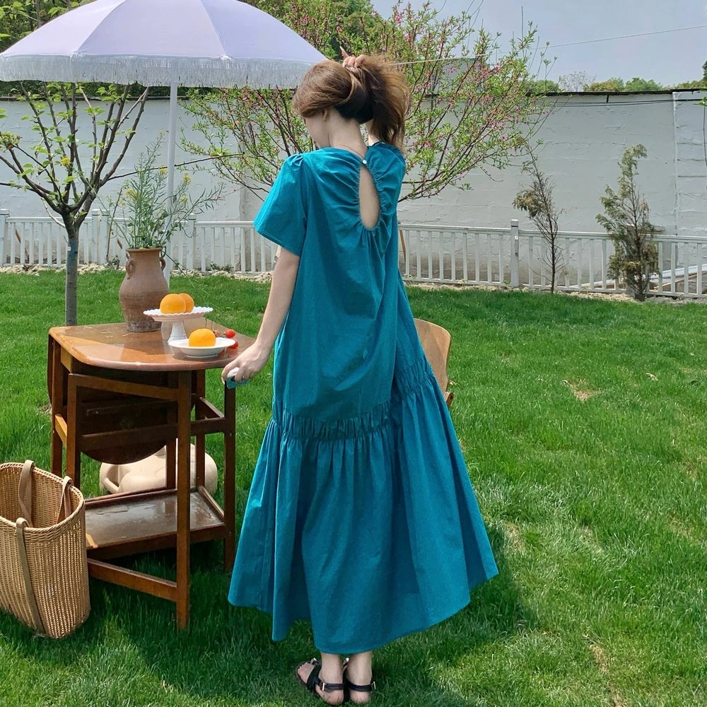 超好看蓝色宽松连衣裙女2025夏季新款韩系ins风心机露背及踝长裙