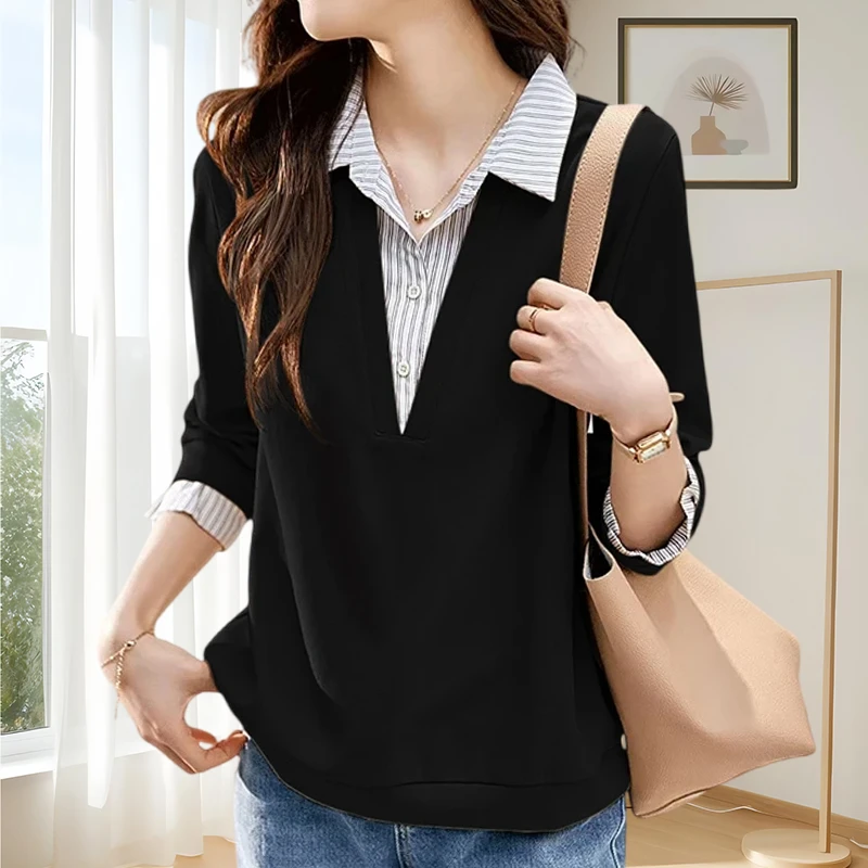2025春秋洋气休闲装百搭洋气假两件拼接设计感流行时尚女装衬衫女