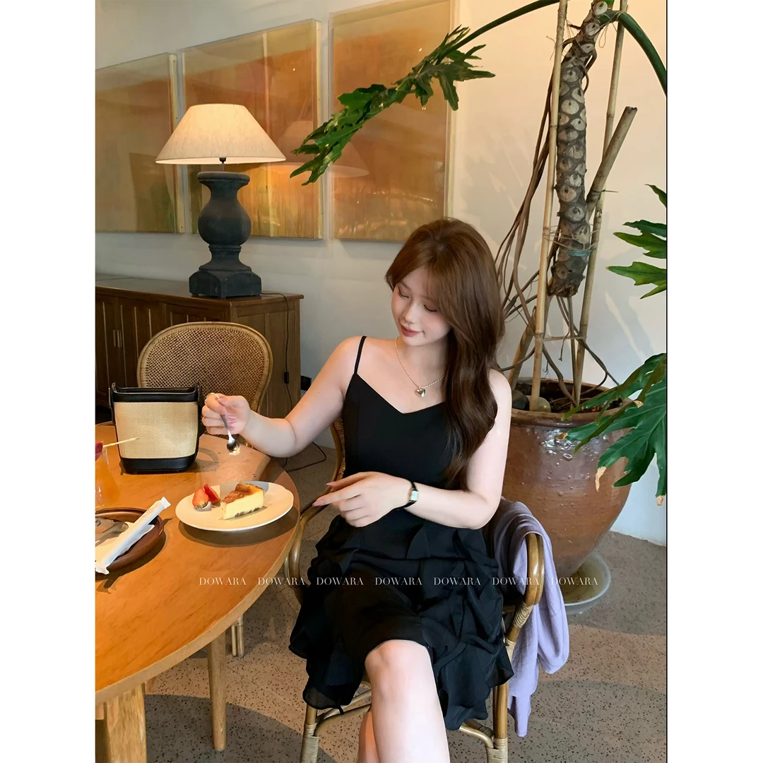 现货大婉酱微胖定制韩系吊带连衣裙夏季层次感气质拼接裙子 8222D