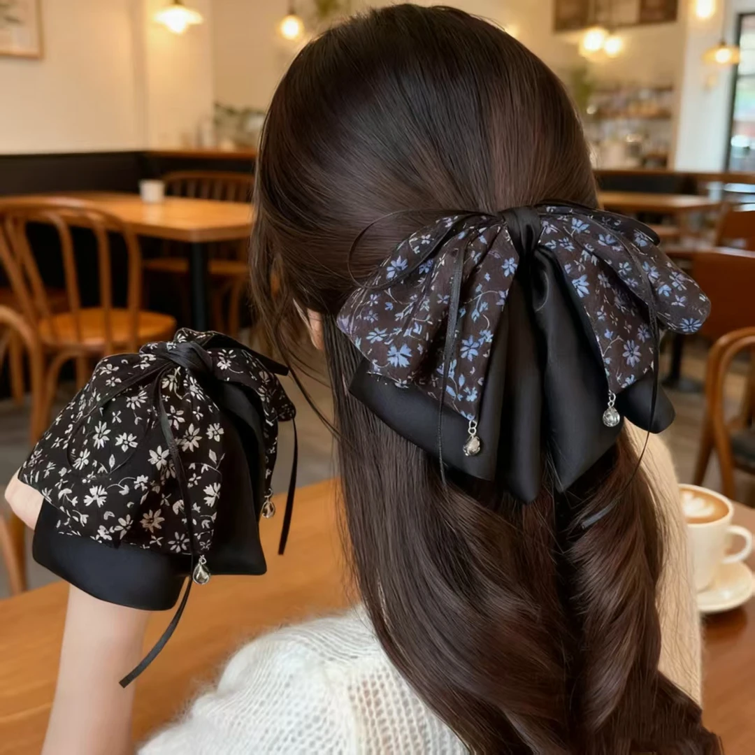 复古秋季网红碎花缎面蝴蝶结飘带吊珠抓夹显发量后脑勺时尚马尾夹