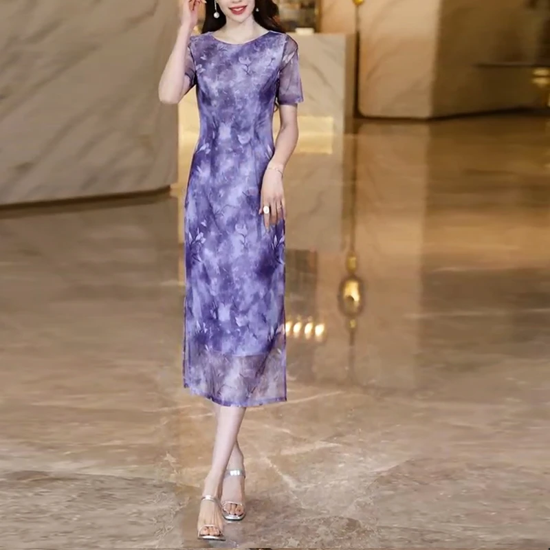 紫色印花连衣裙2025夏季修身显瘦优雅气质一步裙S0015