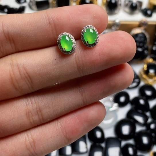 S***银S925镶嵌翡翠耳饰缅甸天然a货翡翠