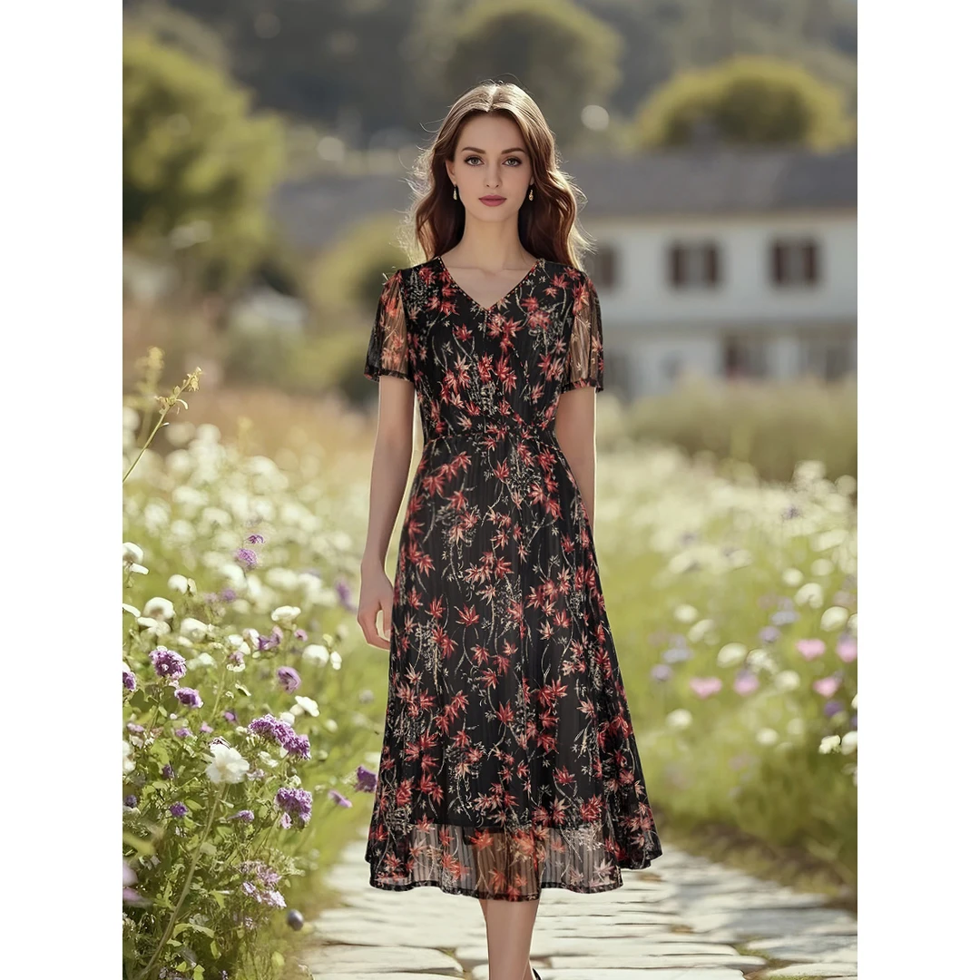 夏季气质复古小个子碎花方领连衣裙中长款修身收腰妈妈装-66850