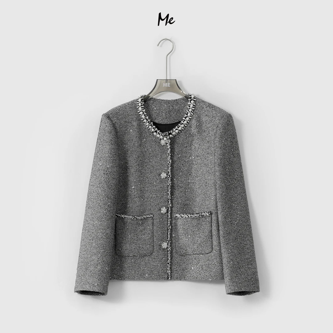 ME【亮钻小香】桑蚕丝醋纤绵羊毛混纺重工时尚百搭外套MESS0593