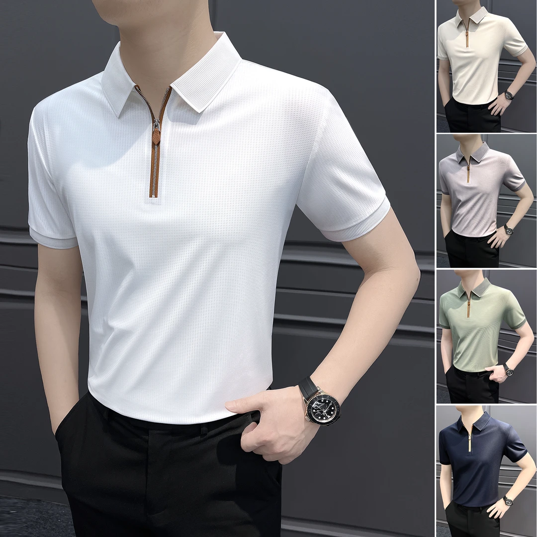 半拉链冰丝款男士polo衫夏季高级感男装白色商务休闲男款短袖t恤