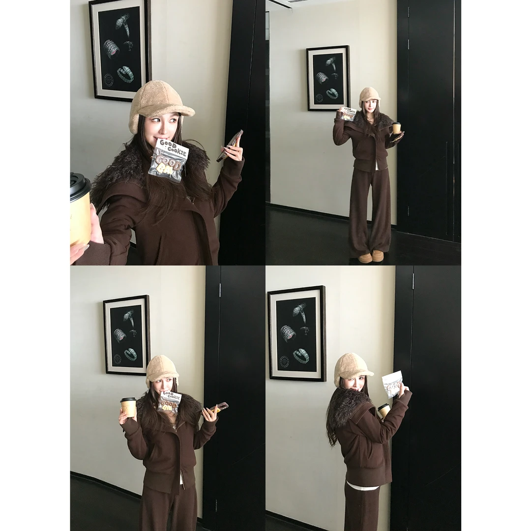 SKK'冬日恋岛'仿羊绒毛毛大翻领卫衣外套/复合银狐绒休闲裤