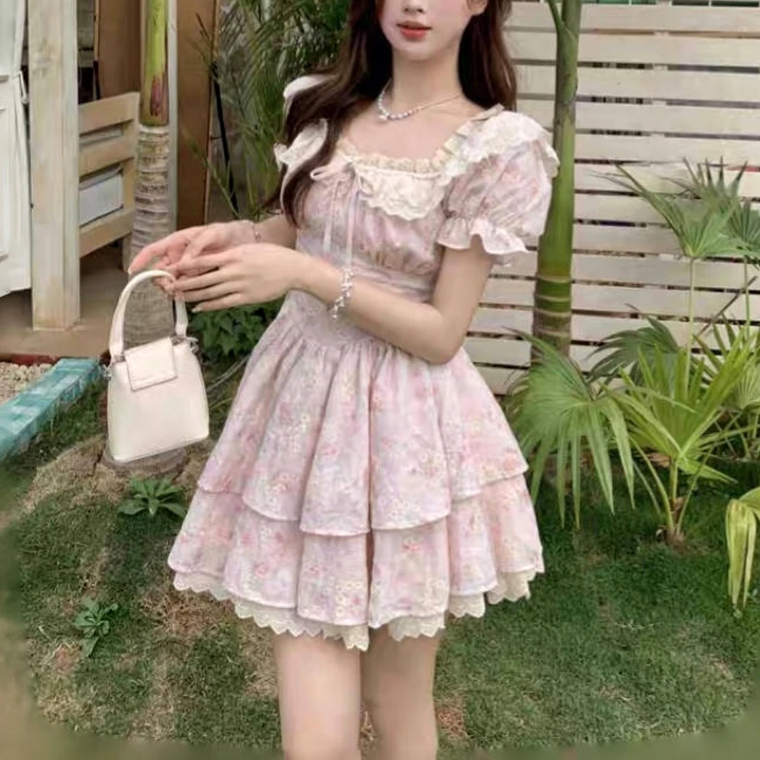 大码胖mm泡泡袖碎花连衣裙女甜美小个子温柔风仙女裙子大摆裙夏季