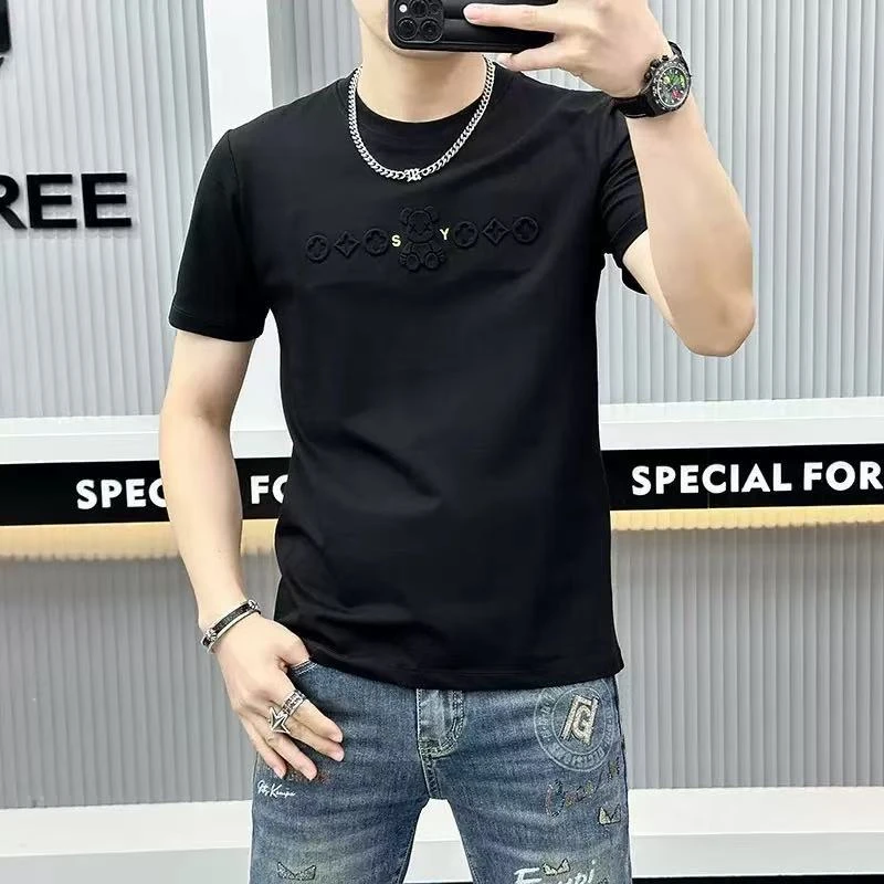 春夏季新款烫印凹凸立体t恤小熊男士T恤弹力舒适修身圆领套头短袖