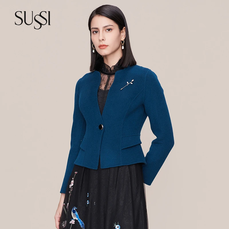 SUSSI/古色冬季新品商场同款靛蓝立领V型一粒扣外套显瘦国风