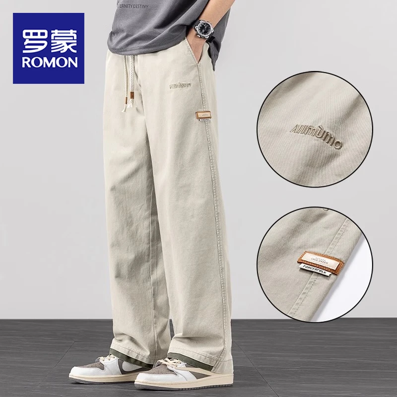 罗蒙美式纯棉休闲裤男款潮流薄款宽松垂感阔腿帅气直筒运动长裤