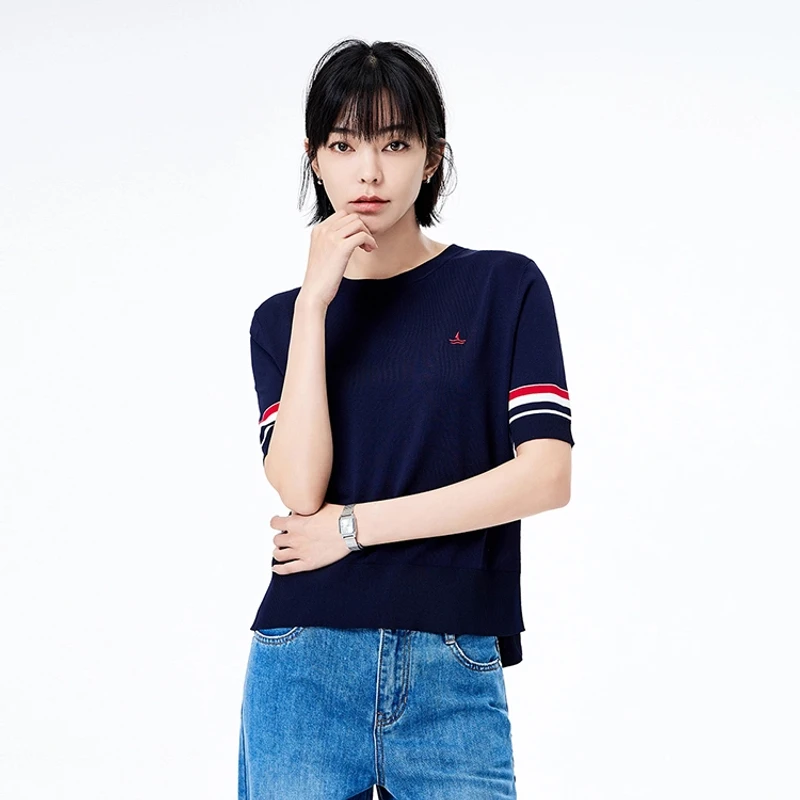 navigare意大利小帆船春秋条纹短袖针织衫女显瘦圆领T恤百搭上衣
