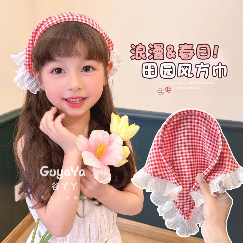 儿童头巾夏季新款女童格子头饰夏天蕾丝法式田园风防晒三角巾发箍