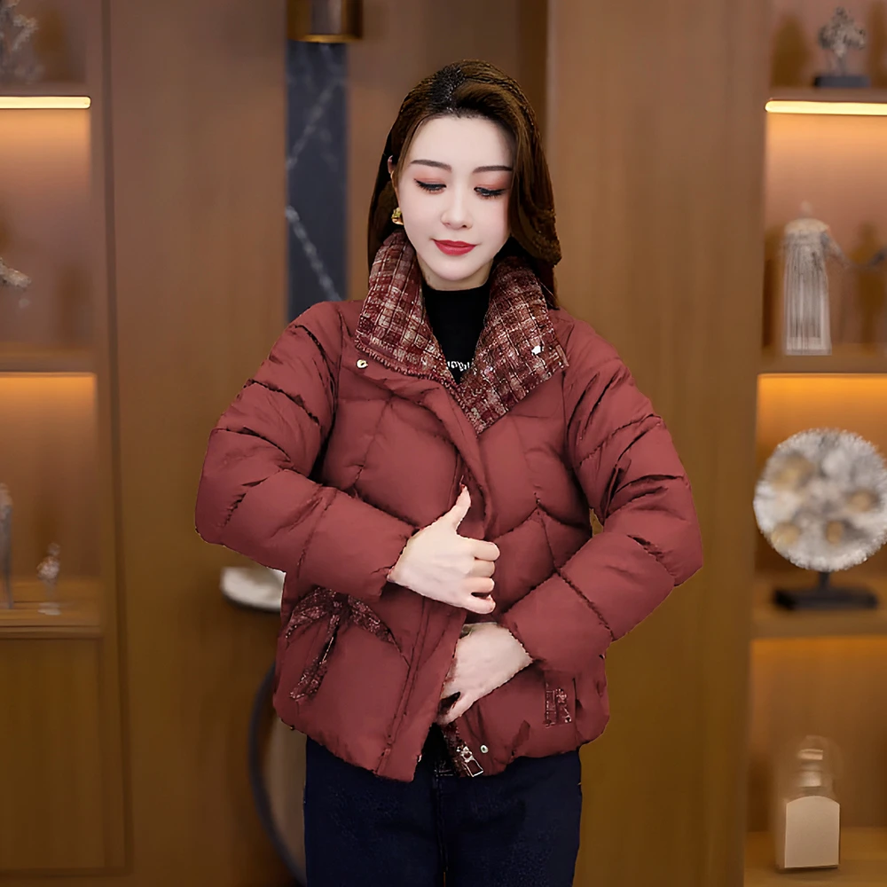 拼接立领常规免烫配色女保暖棉服棉衣时尚秋冬小棉冬装