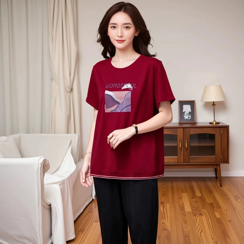 短袖植物花卉常规圆领常规款T恤时尚夏季中长款外穿夏装韩版