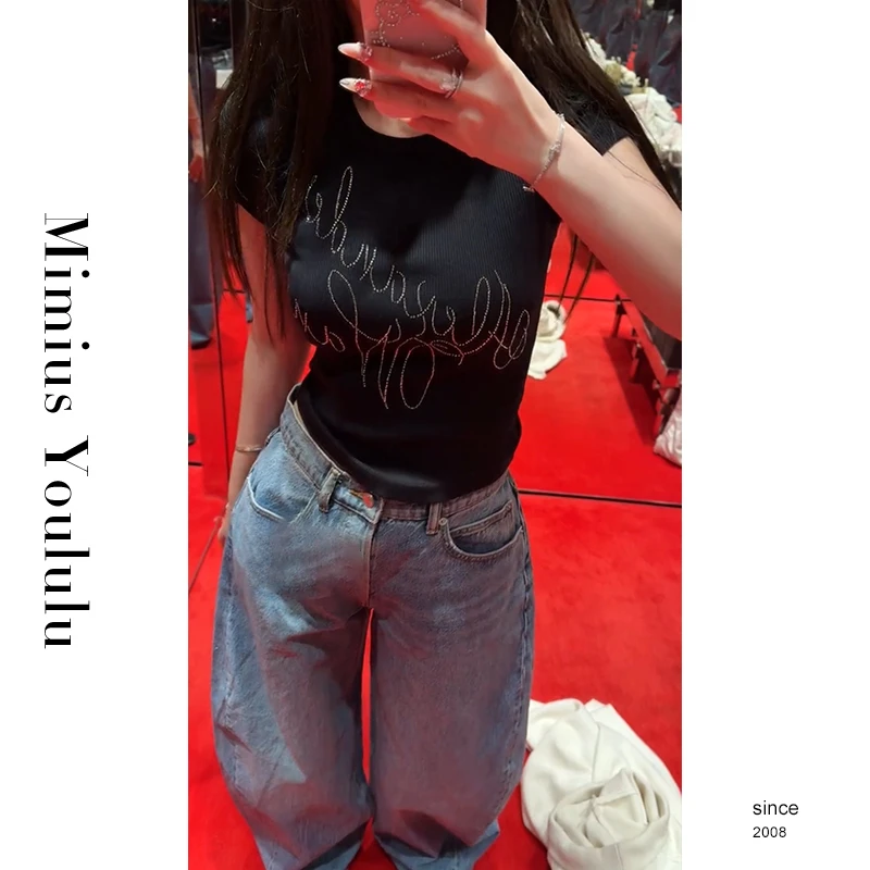 【mimius】&喵喵 重工设计感字母烫钻百搭显瘦正肩T恤 G02278