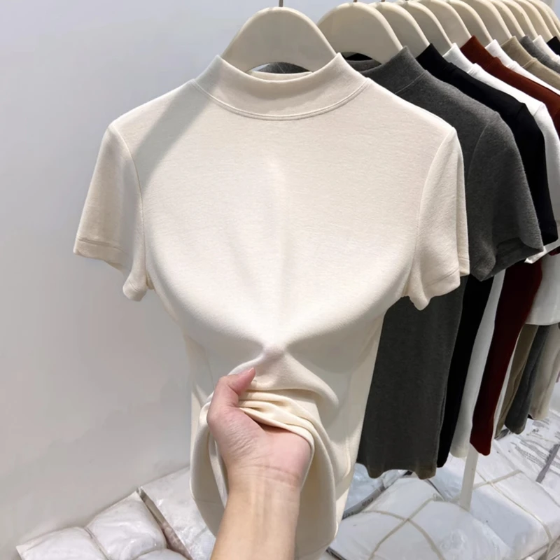 半高领短袖t恤女夏季2025春装新款小立领修身显瘦打底衫洋气上衣