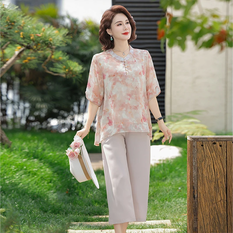 中老年女装小衫套装时尚妈妈新中式休闲显瘦夏装上衣阔腿裤两件套