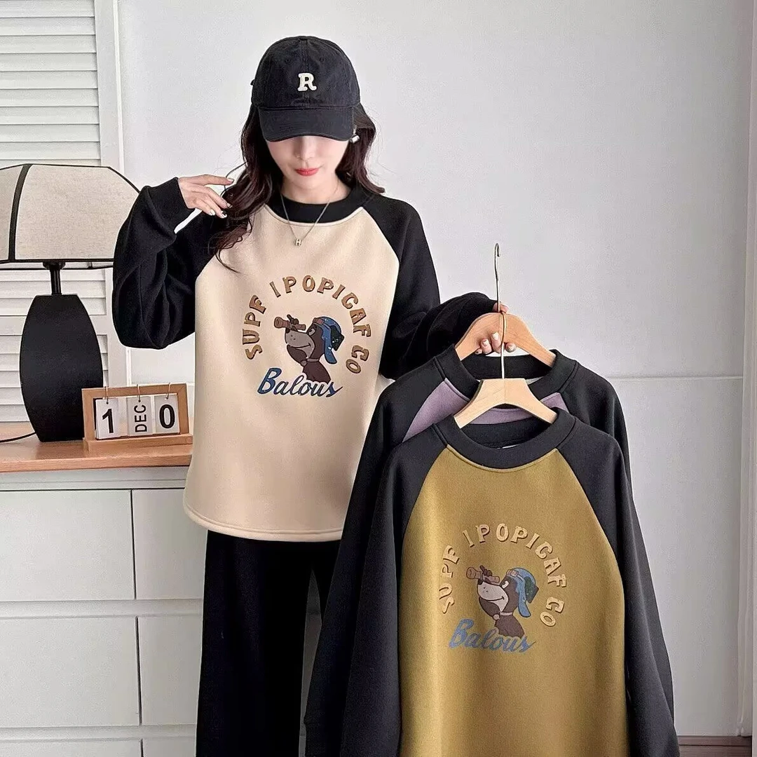 大码女装冬季新款加绒加厚圆领卡通印花休闲显瘦卫衣胖mm遮肉上衣