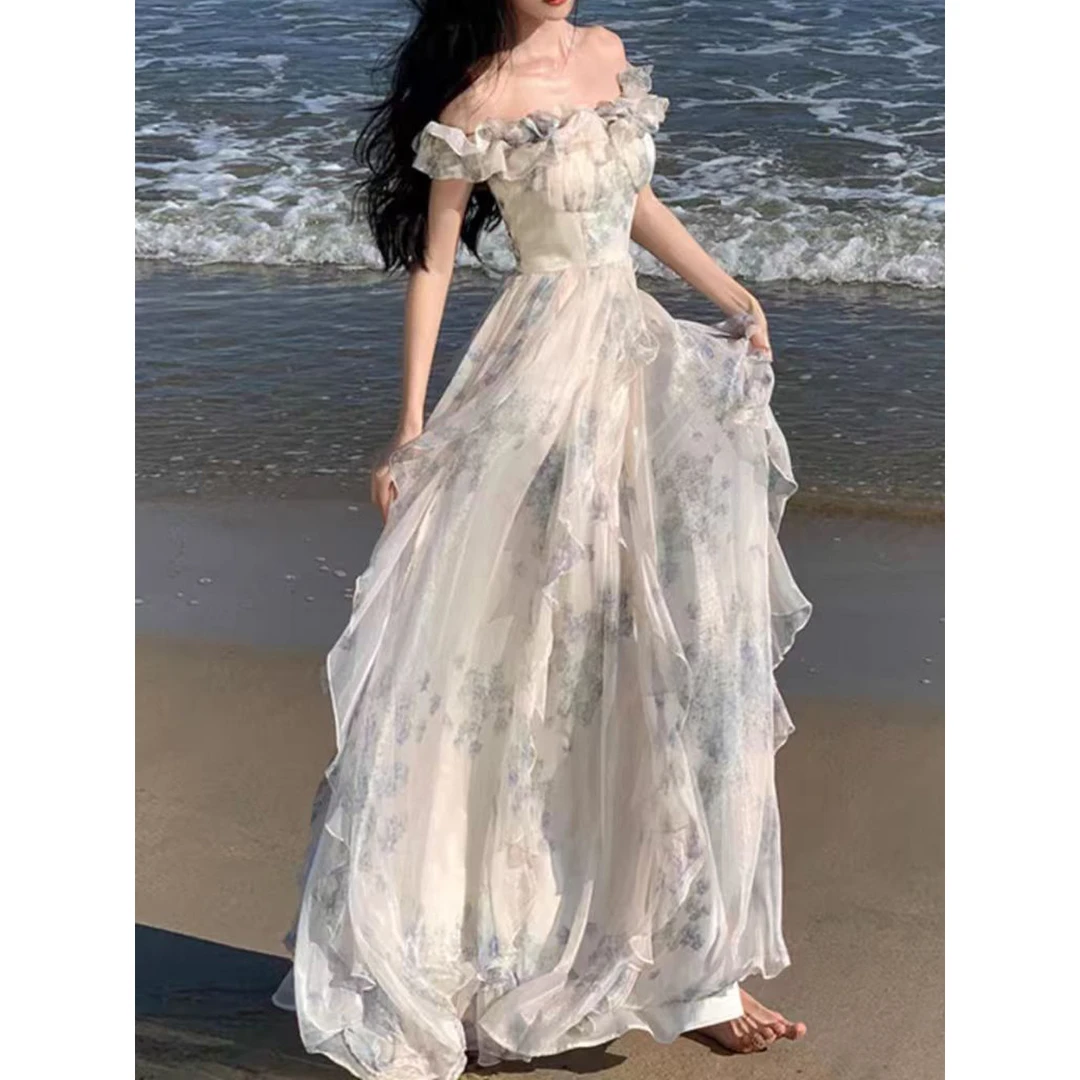 海边度假风吊带裙纱法式荷叶边沙滩连衣裙氛围感长裙飘逸仙女范潮