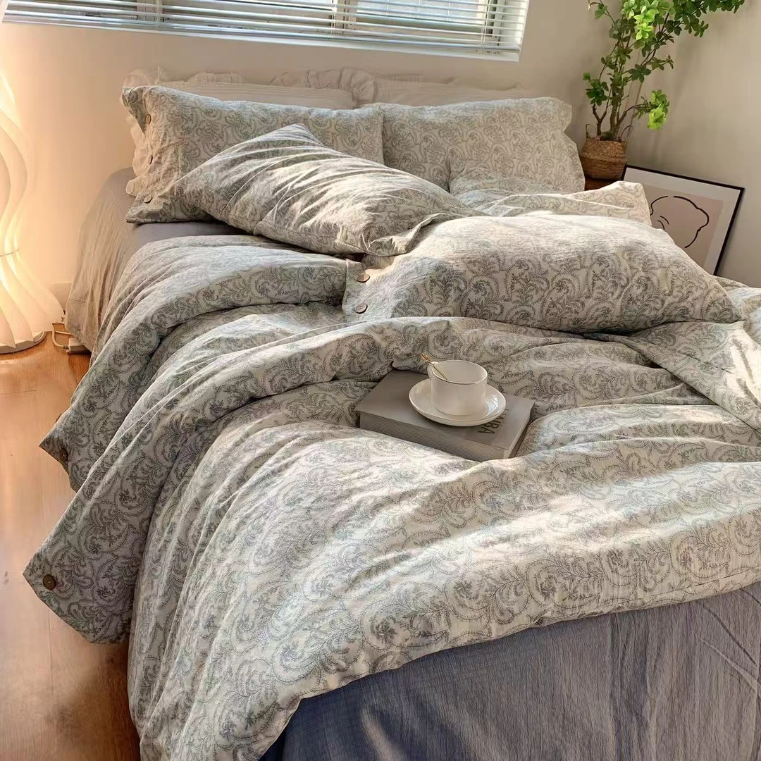 【青黛】原单A类加厚磨毛小辣椒简麻棉麻感纽扣工艺款四件套床品