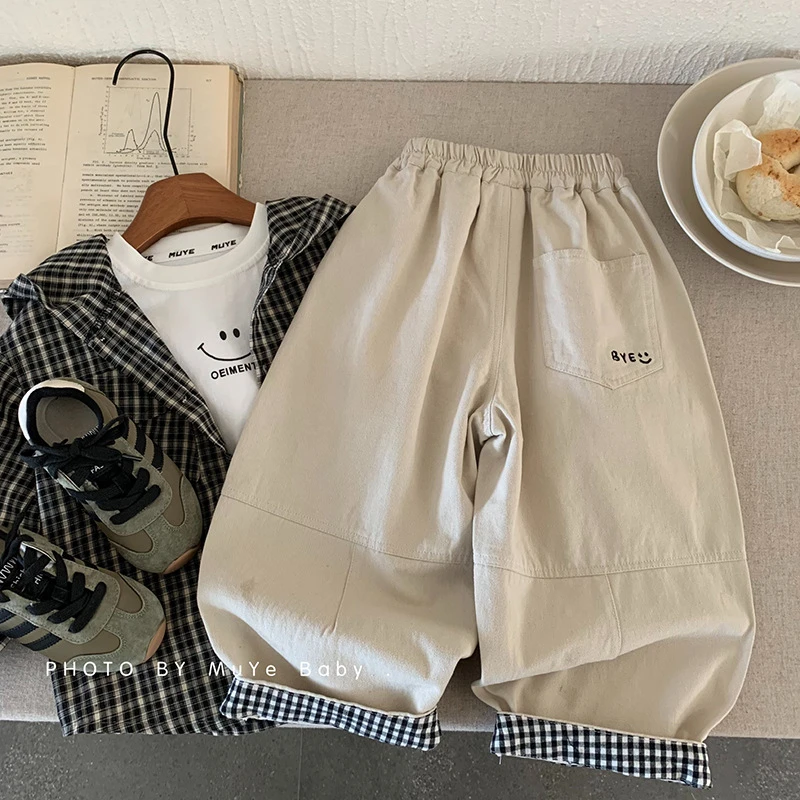 kkmy7535  2025春季时尚童裤服饰男童韩版格子纯棉刺绣长裤潮