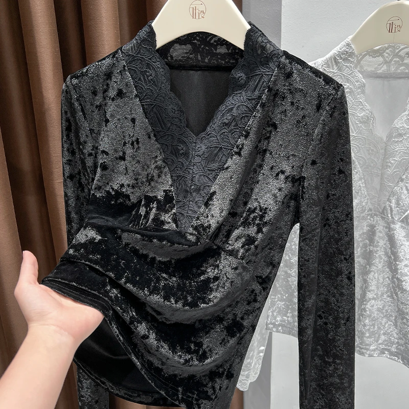 秋季高级感钻石毛修身长袖打底衫2025新款深V领性感丝绒T恤薄款女