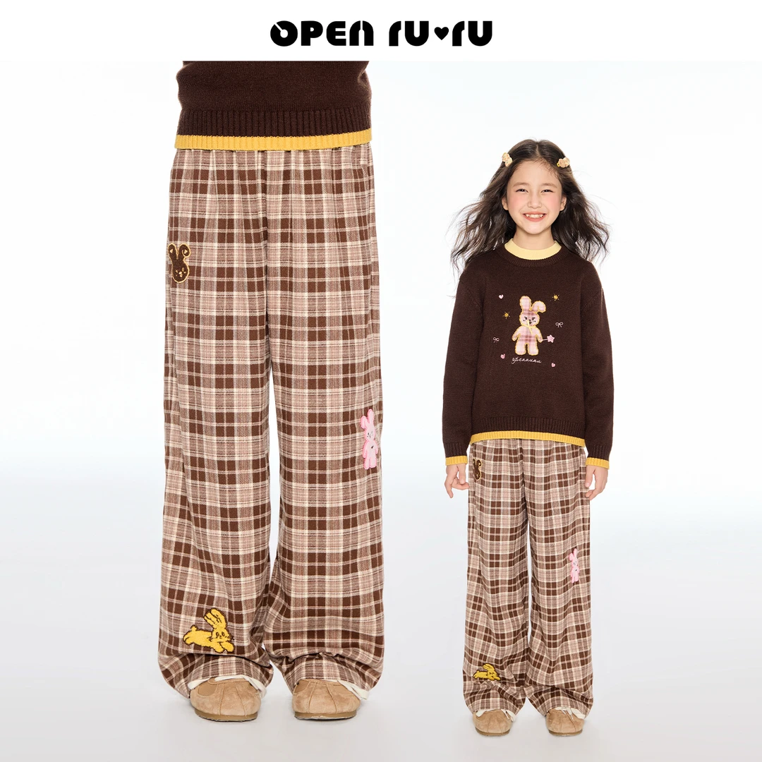 Opennunu女童复古美拉德阔腿格子裤秋季慵懒休闲保暖呢料长款