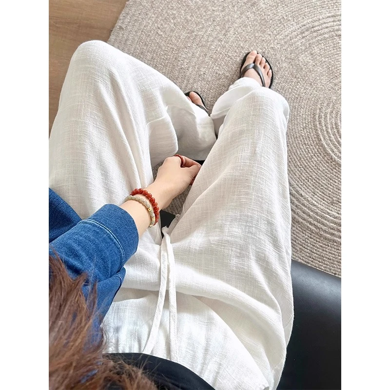 白色苎麻裤子女2025夏薄款宽松老钱风直筒拖地裤水洗棉麻阔腿裤子