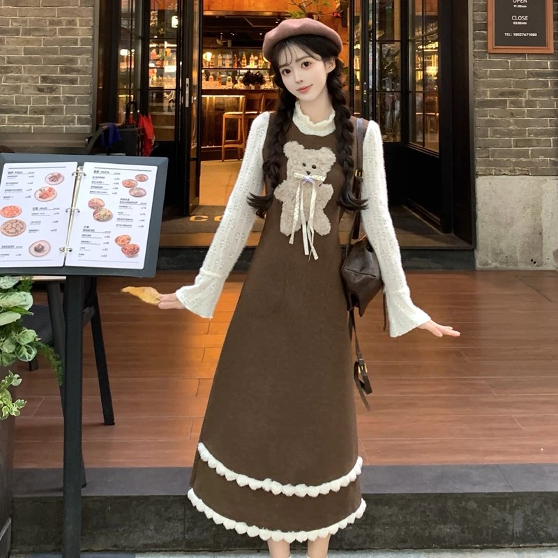 【少女遐想】胖mm秋冬新款假两件长袖连衣裙小熊千金感miu系长裙子