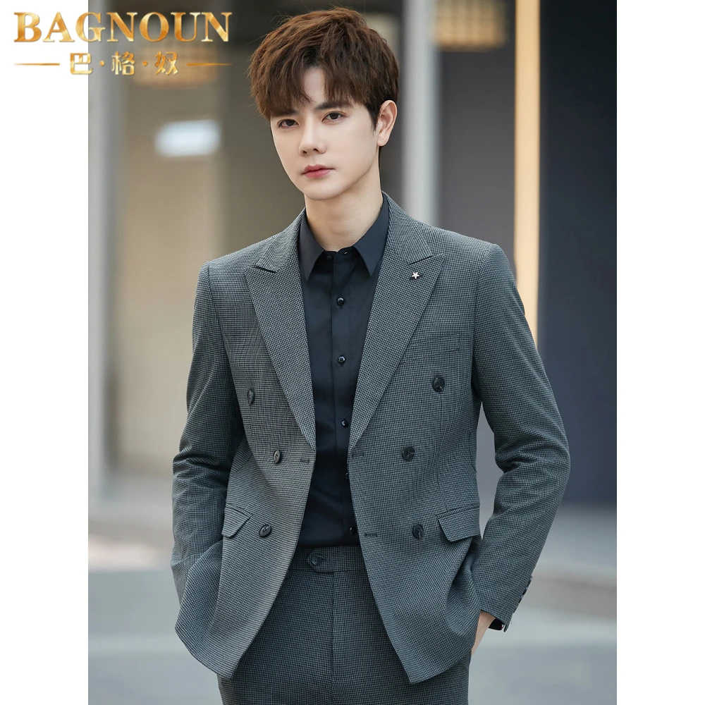 巴格奴西服套装男士新款时尚高端韩版潮商务正装新郎双排扣两件套