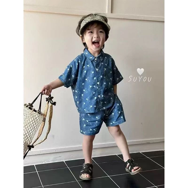 4926男女童时髦洋气潮流休闲百搭夏季满印动物牛仔短袖套装