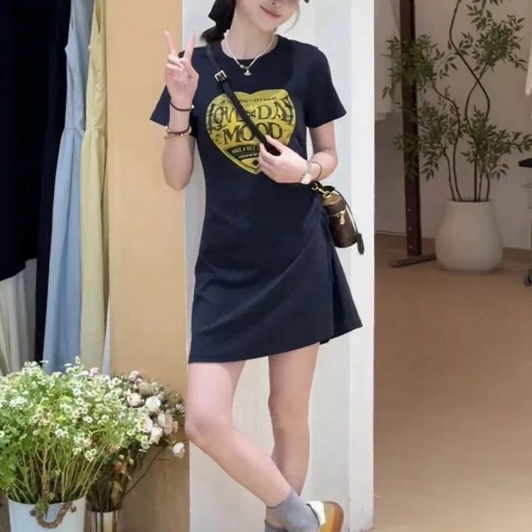 2025夏季新款女士休闲日常显瘦印花短袖连衣裙小个子抽绳收腰短裙