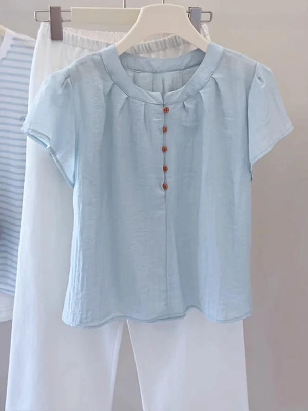 高级感蓝色飞飞袖短袖衬衣女2025年夏季新款时尚减龄休闲百搭上衣