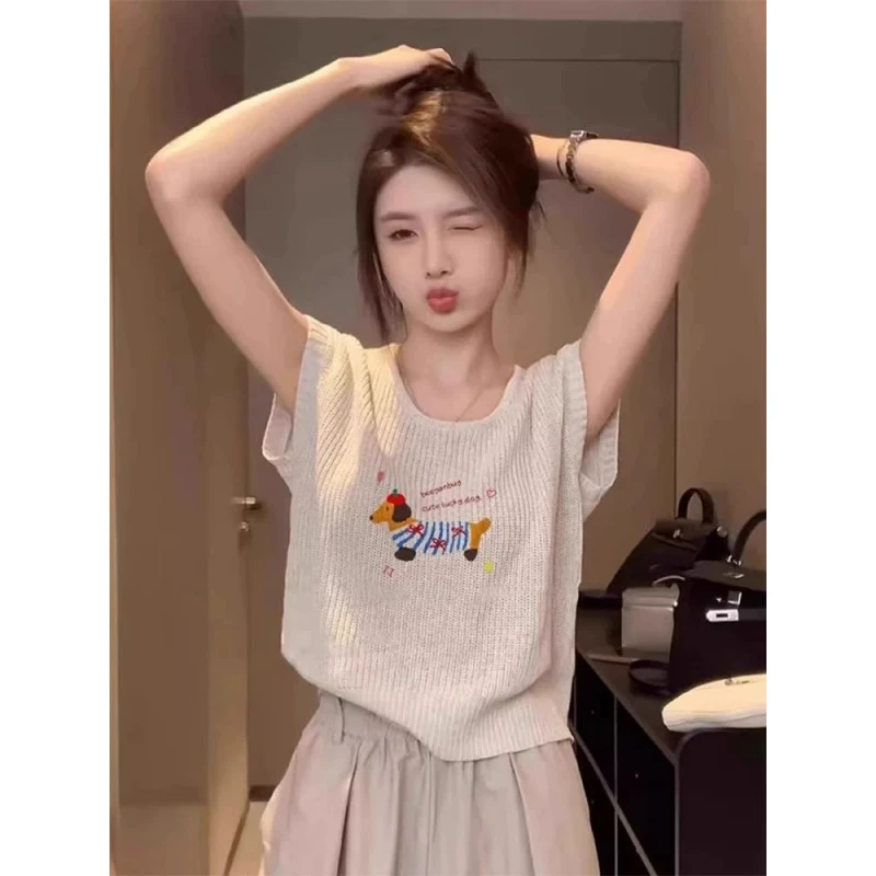 韩系独特超好看印花休闲针织短袖T恤女夏季小个子绝美修身小上衣