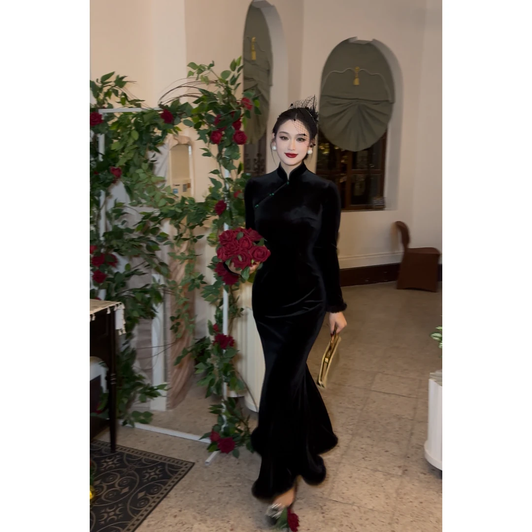 肆意【九尾狐】新中式设计秋冬长袖丝绒长款显瘦鱼尾修身旗袍连衣裙