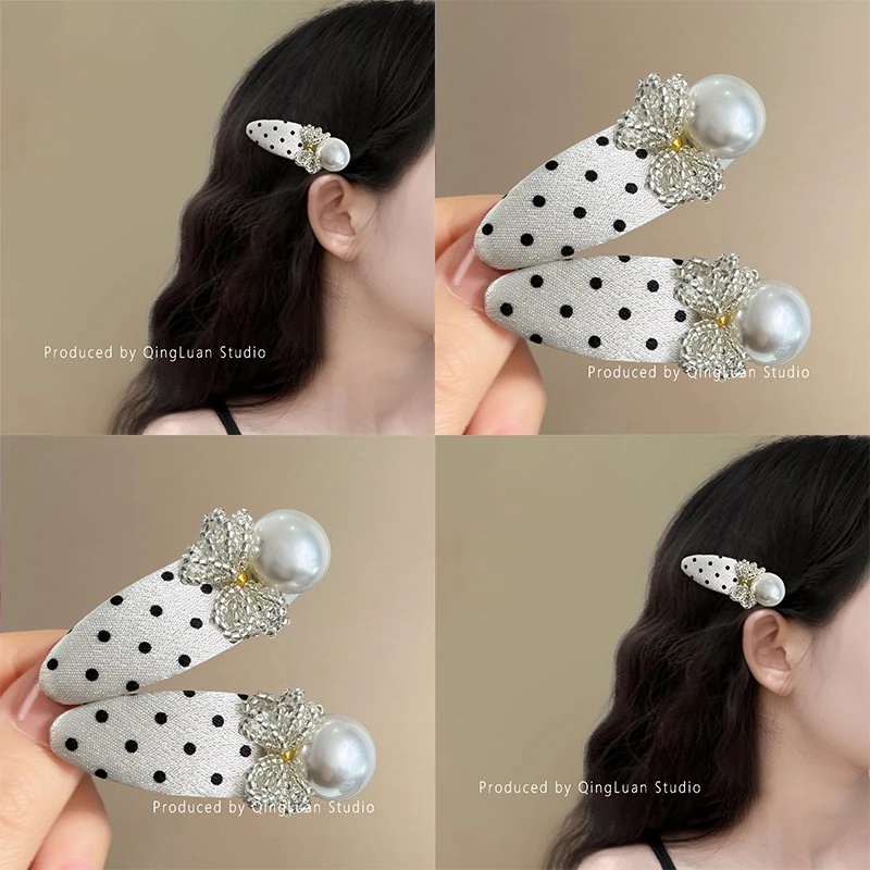 欧尼的珍珠~串珠蝴蝶结发夹缎光波点侧边鸭嘴夹韩国精致新款发饰