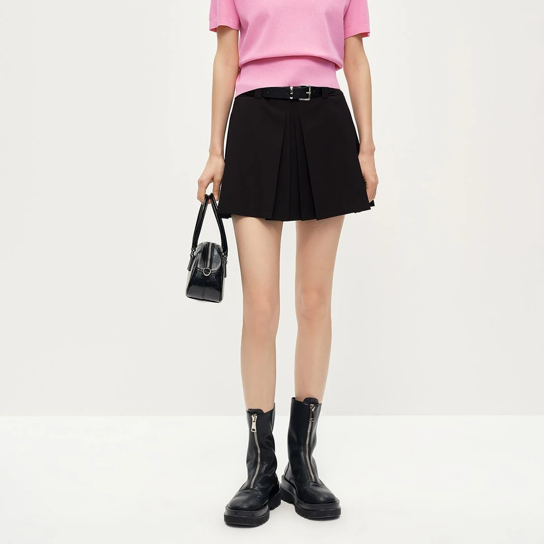 Dekashell/迪卡轩2025夏季新款黑色高腰短款半身裙女百褶裙A字裙