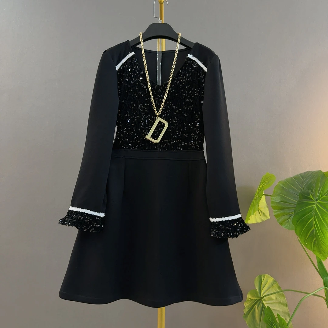 法式新款洋气V领锦棉拼接亮片拼色宽松显瘦大码女装时尚连衣裙