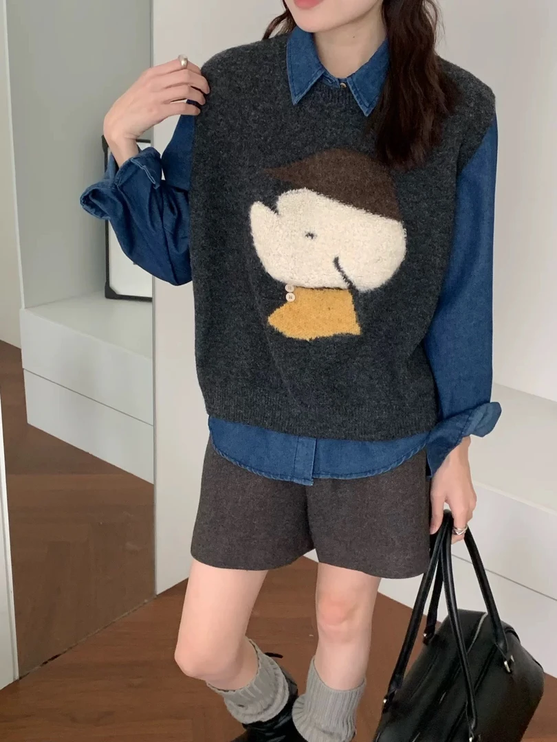 卡通减龄小狗圆领背心针织衫宽松显瘦套头毛衣高级灰马甲女