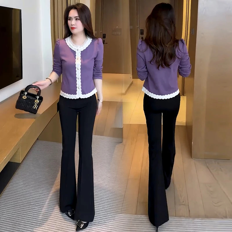 时尚套装女2025春季新款洋气小香风蕾丝拼接T恤上衣微喇裤两件套