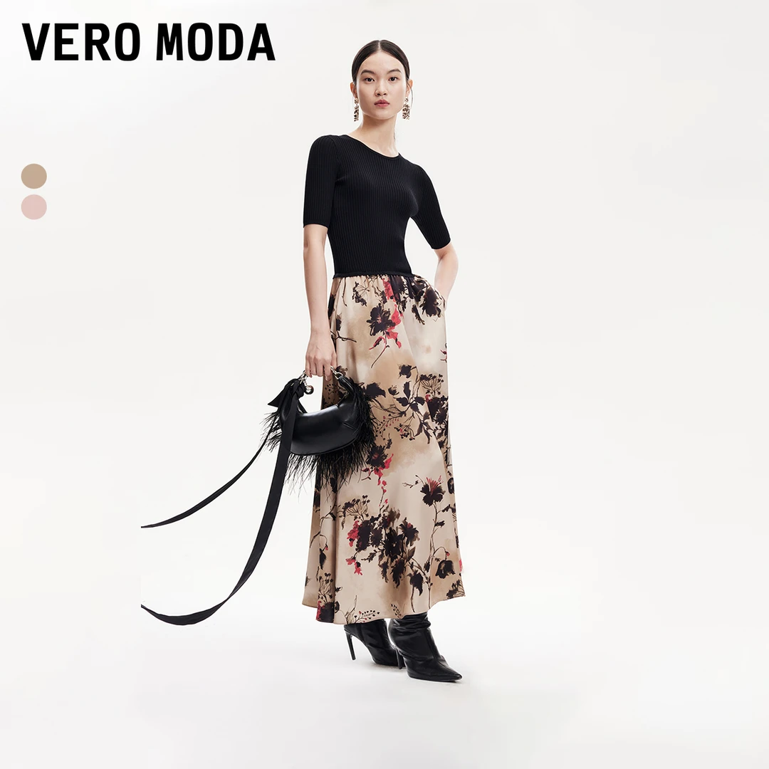 Vero Moda连衣裙商场同款早秋新款A摆水墨印花针织拼接32436Z010
