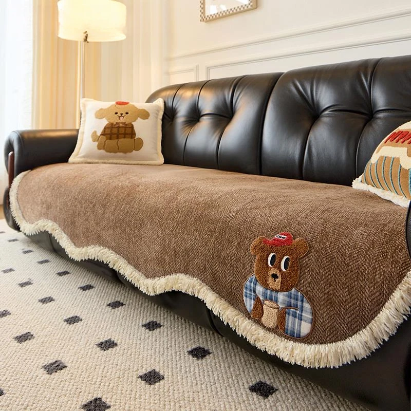 2025新款奶油风一片式雪尼尔四季通用异形萌趣高级感沙发垫盖巾套