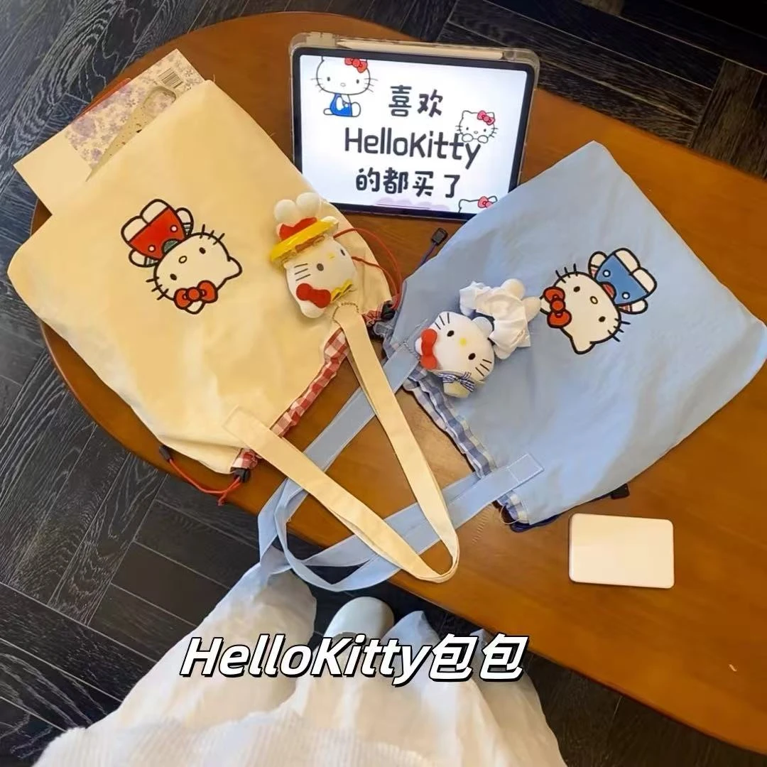 新款Kitty蓝黄大容量单肩包高颜值百搭轻便必备包抽绳款大容量包