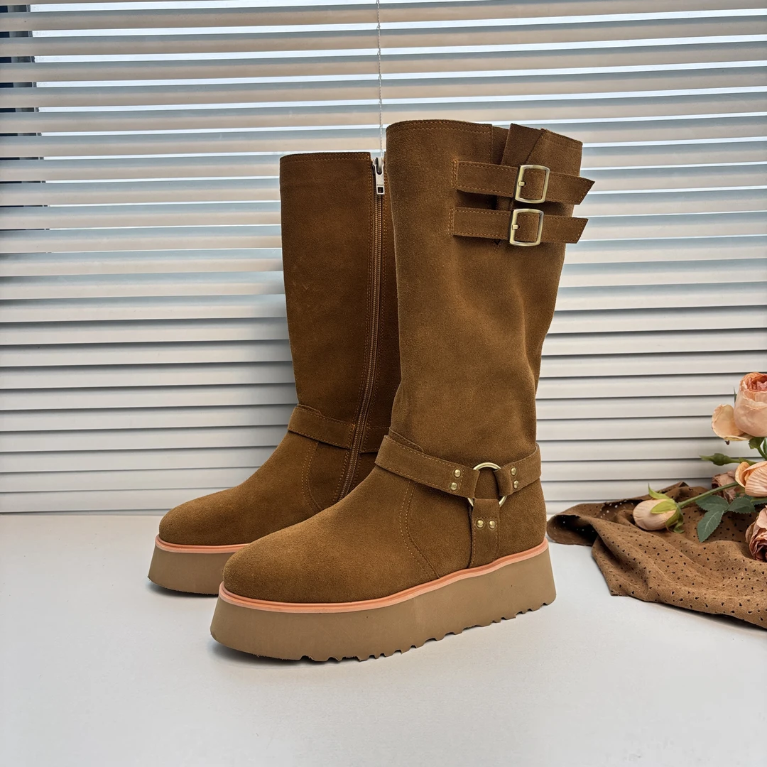 高筒靴冬季厚底中筒靴时尚圆头真皮灰色高筒雪地靴靴子雪地靴