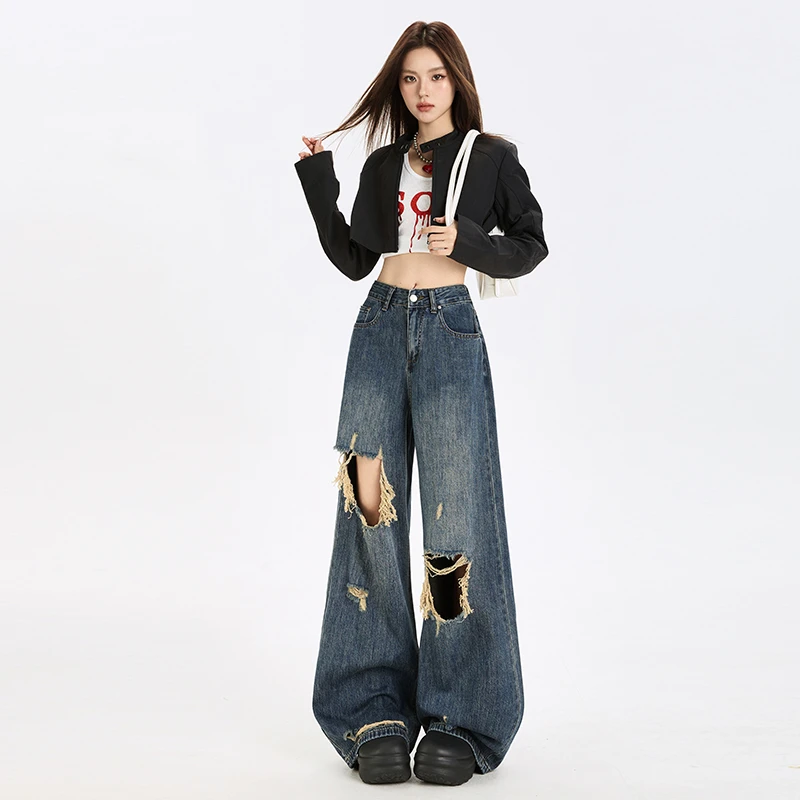 2025秋装复古水洗做旧磨破牛仔裤女春季新款辣妹高腰百搭潮酷阔腿