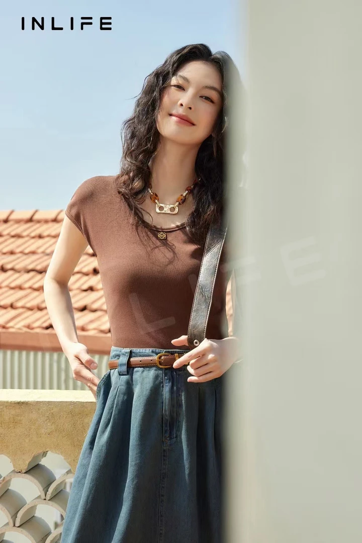 INLIFE 短袖T恤粉末咖啡色显瘦百搭 T119