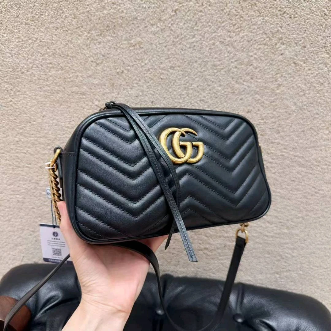 99新 GUCCI/古驰 古驰/Gucci 黑金马蒙marmont中号相机包/箱包/单