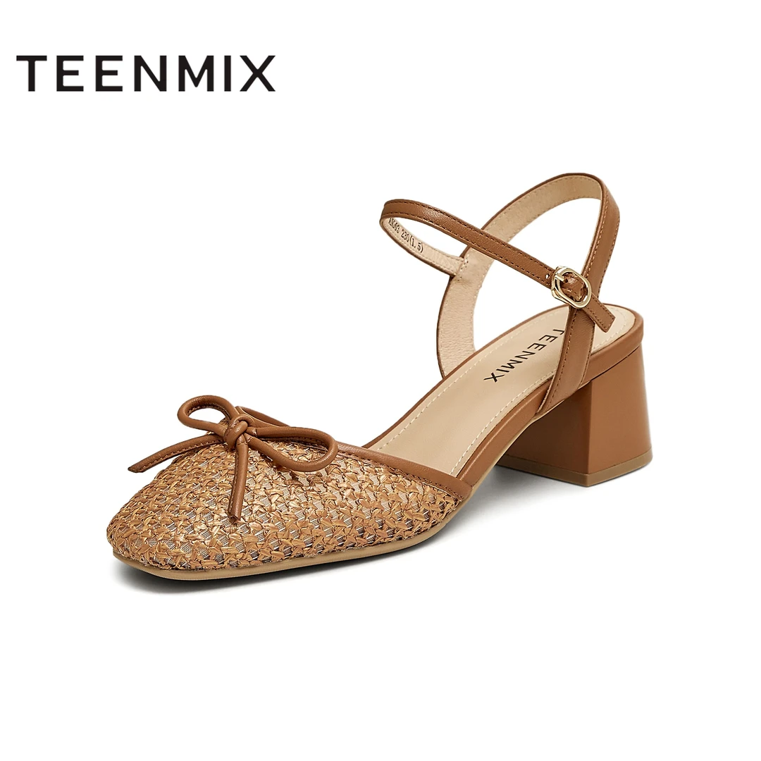 天美意2025夏新款法式复古镂空蝴蝶结粗跟女包头凉鞋KN003BH5